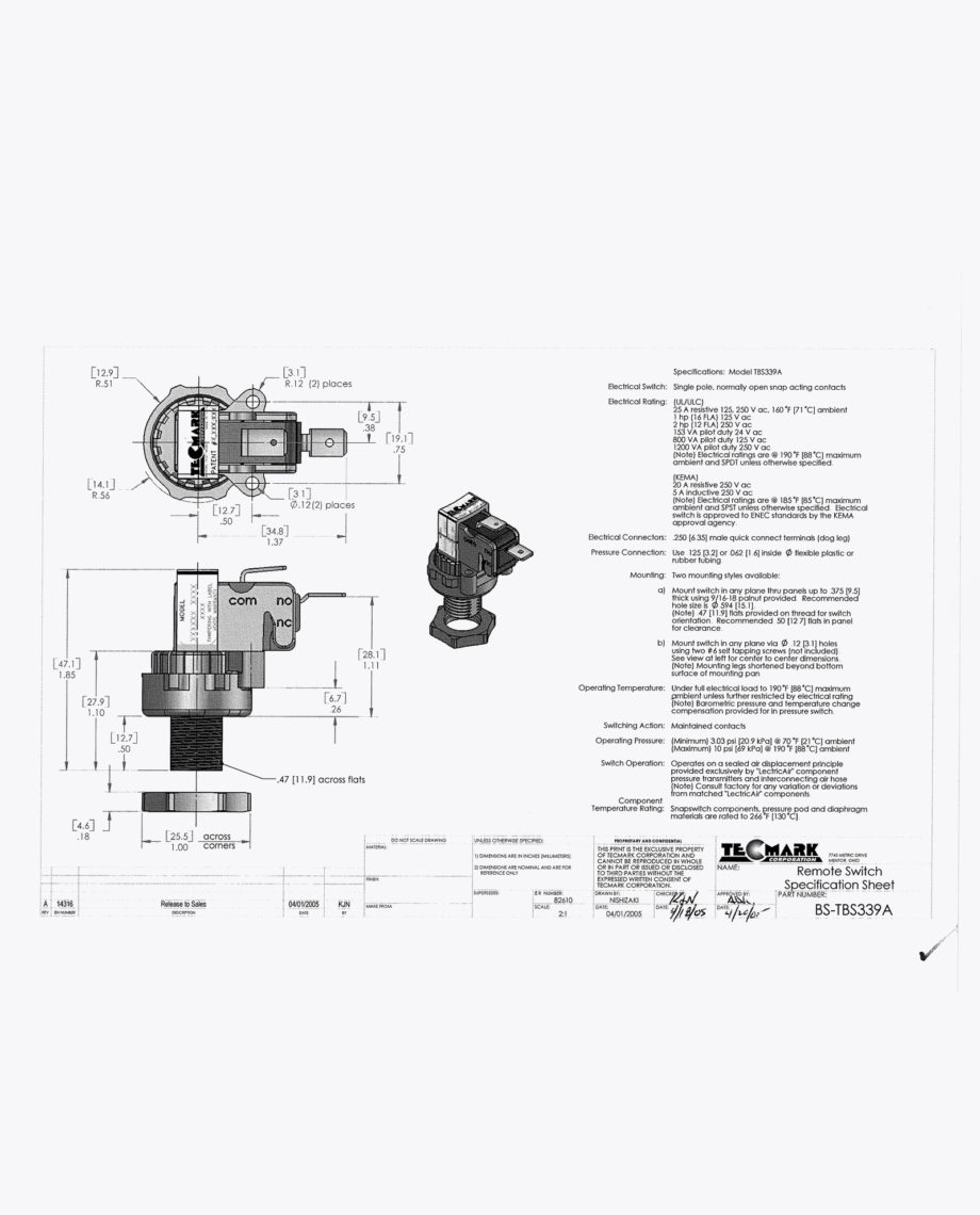 Bathtub Pump Air Switch Tecmark/Tridelta TBS339A / TBS339 SPNO
