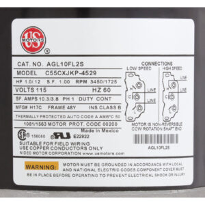 Close-up of a white motor nameplate with US Motors logo, showing catalog number AGL10FL2S and model C55CXJKP-4529, electrical specs (115V, 60 Hz, HP 1.0/1.2, RPM 3450/1725), and a wiring diagram on the right.